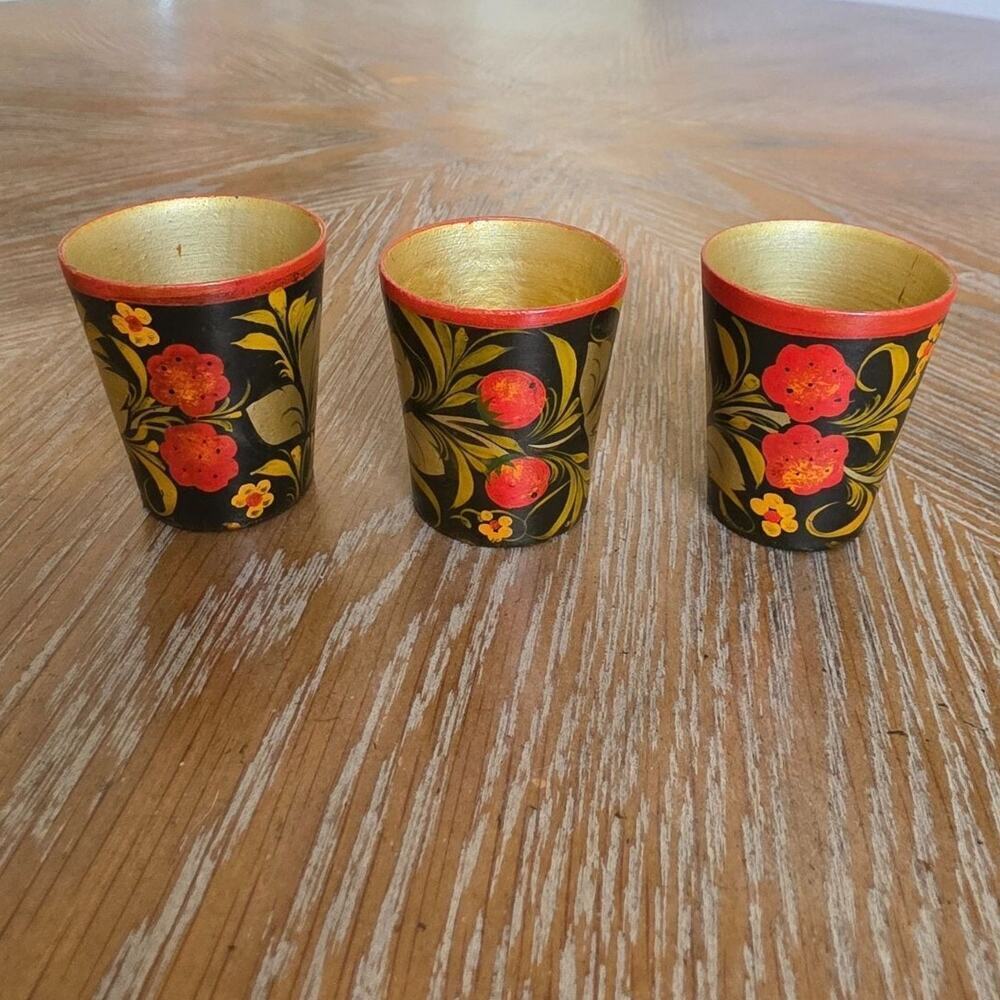 SSR‎ Russian Khokhloma Lacquer Ware 3 Shot Glasses